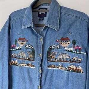 VTG Woman's Quizz Denim Long Sleeved Shirt Noah's Ark Sz 20 Cottagecore Granny
